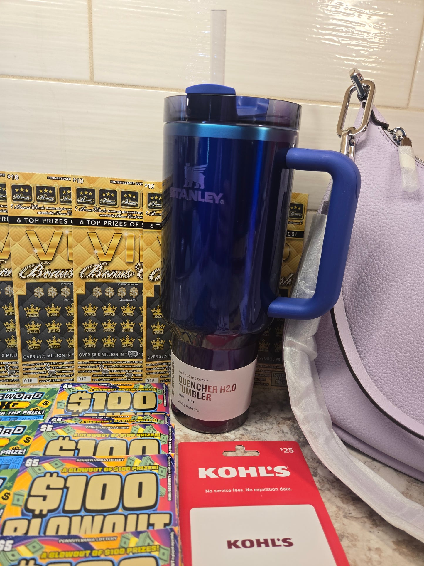 $100 Lotto's, $100 Gift cards, Star Shine Stanley, purple Kate Spade serial # 88737