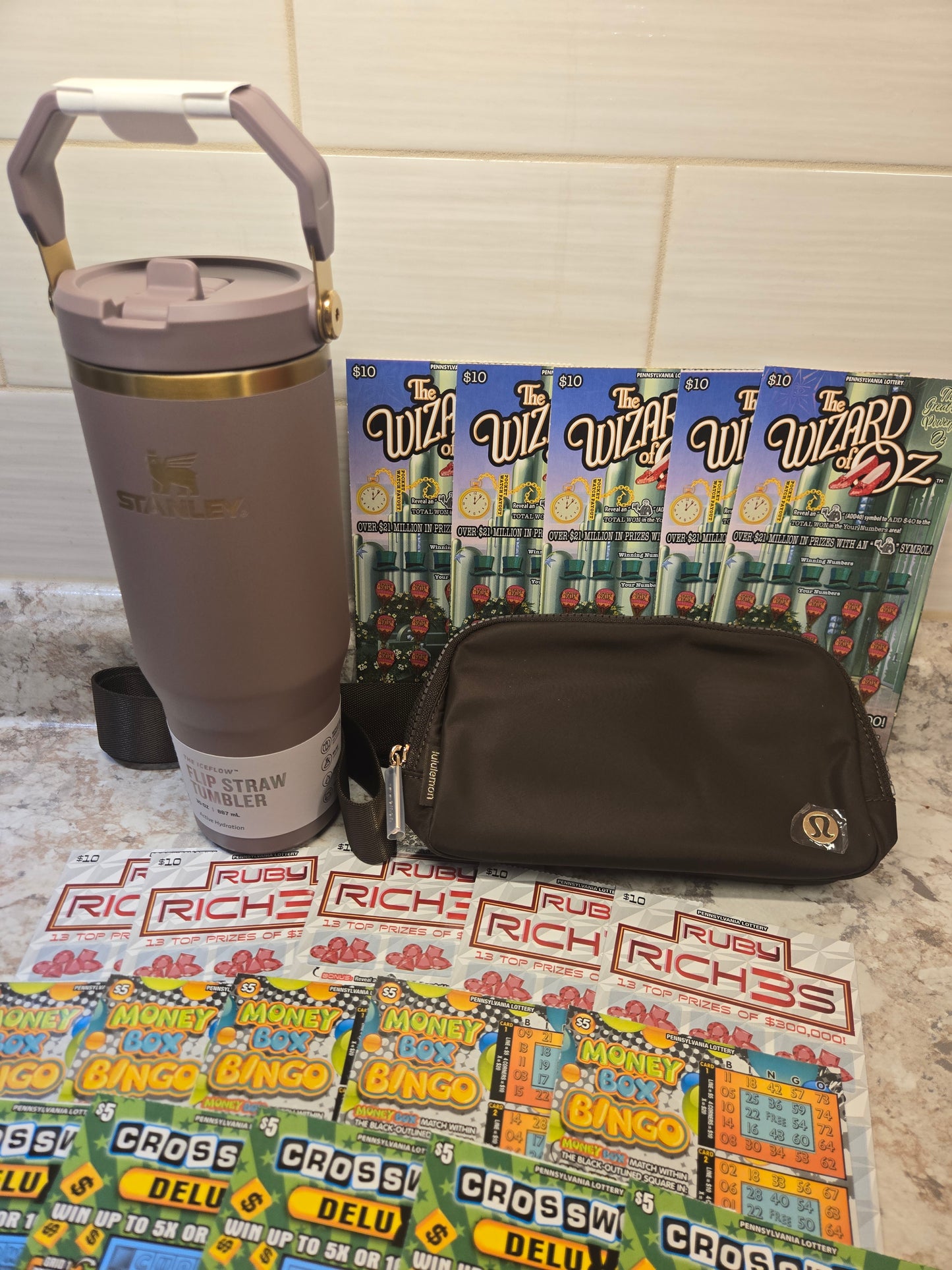 $200 Lotto's, Cashmere Stanley, Brown Lululemon bag serial # 67345