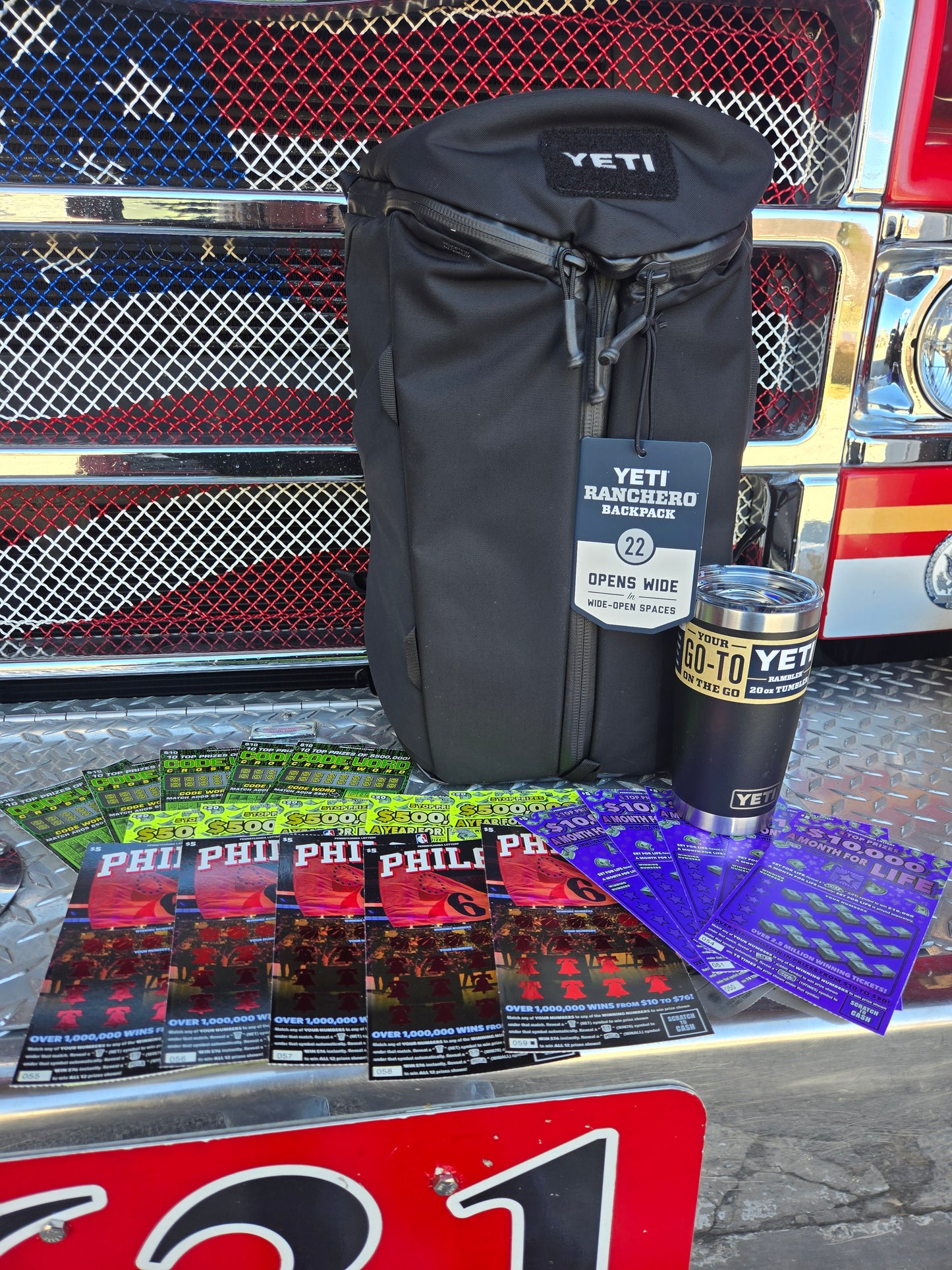 $200 Lotto's & Black Yeti Backpack and tumbler serial # 87709