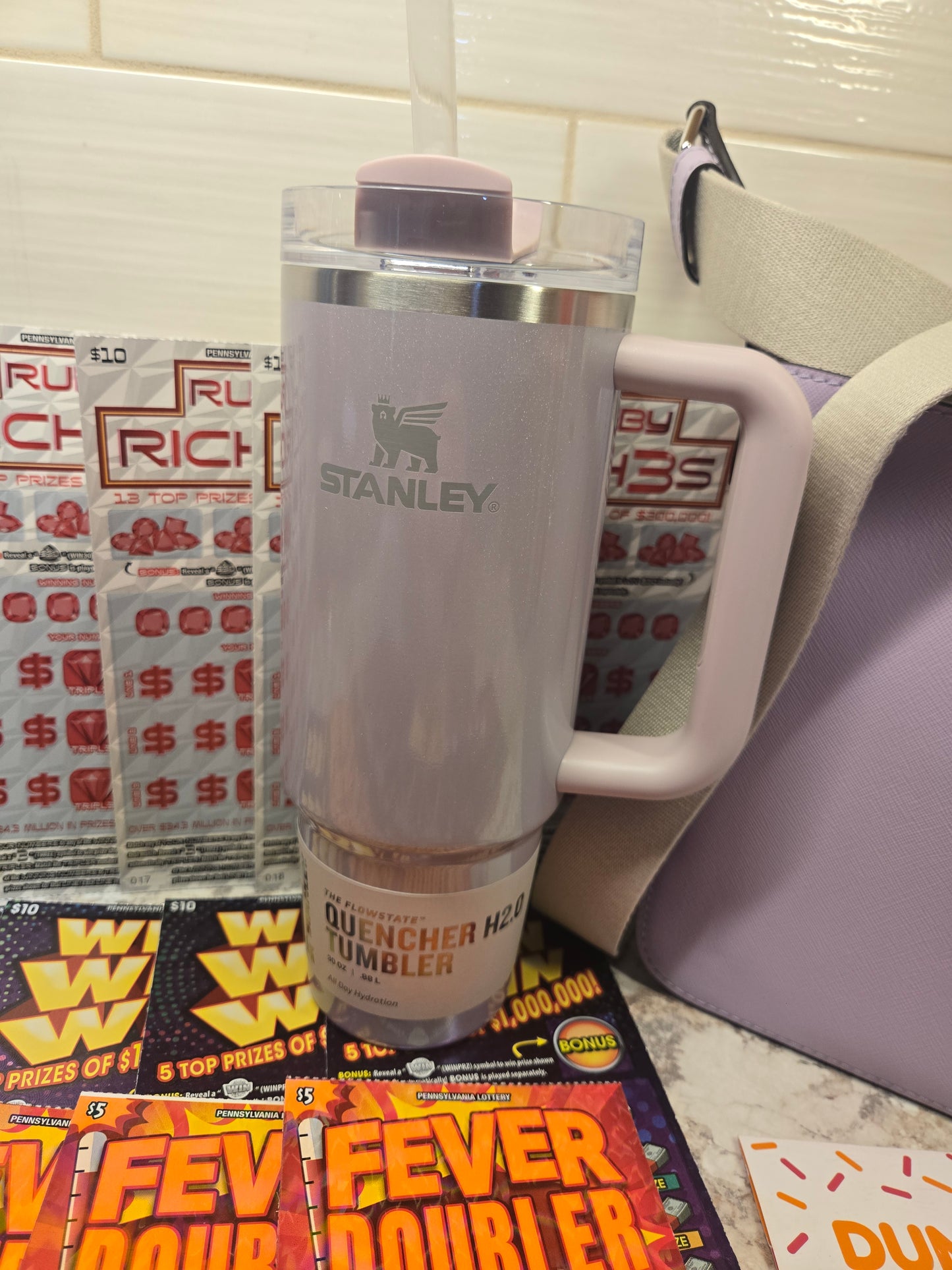 $150 Lotto's, $100 Gift cards, Purple Michael Kors purse, purple glitter Stanley serial # 58276