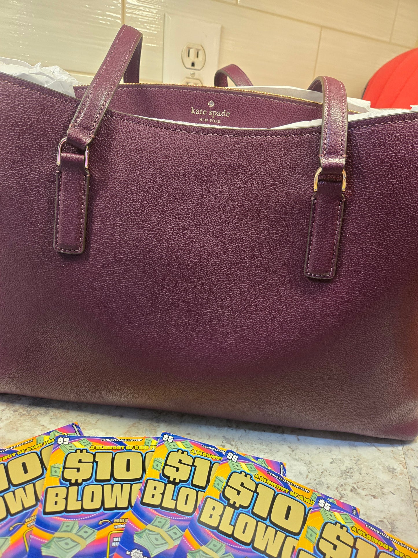 $100 Lottos, Wild Blooms Stanley, Deep Cherry Kate Spade purse serial # 88774