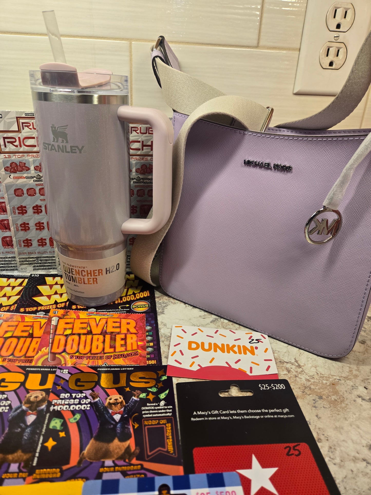 $150 Lotto's, $100 Gift cards, Purple Michael Kors purse, purple glitter Stanley serial # 58276