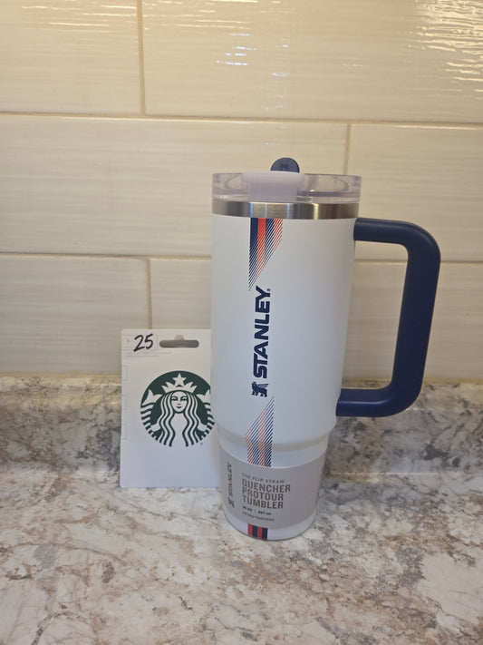 White Flip Straw Stanley & $25 Starbuck serial # 49574