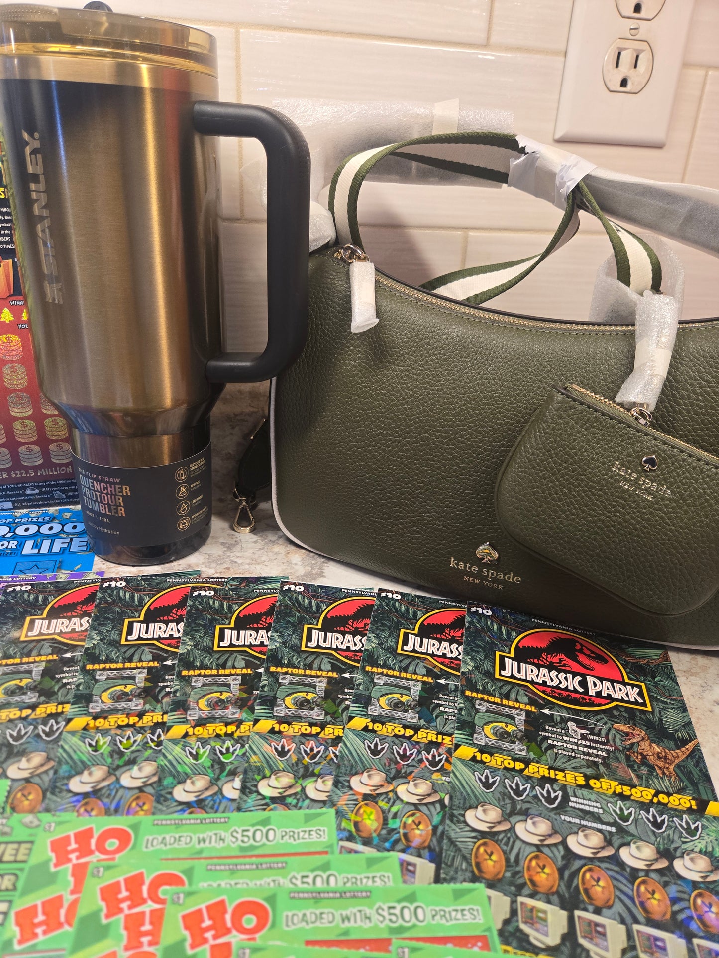 $150 Lotto's, $150 gift cards, Black Honey Stanley, green Kate Spade serial # 55348