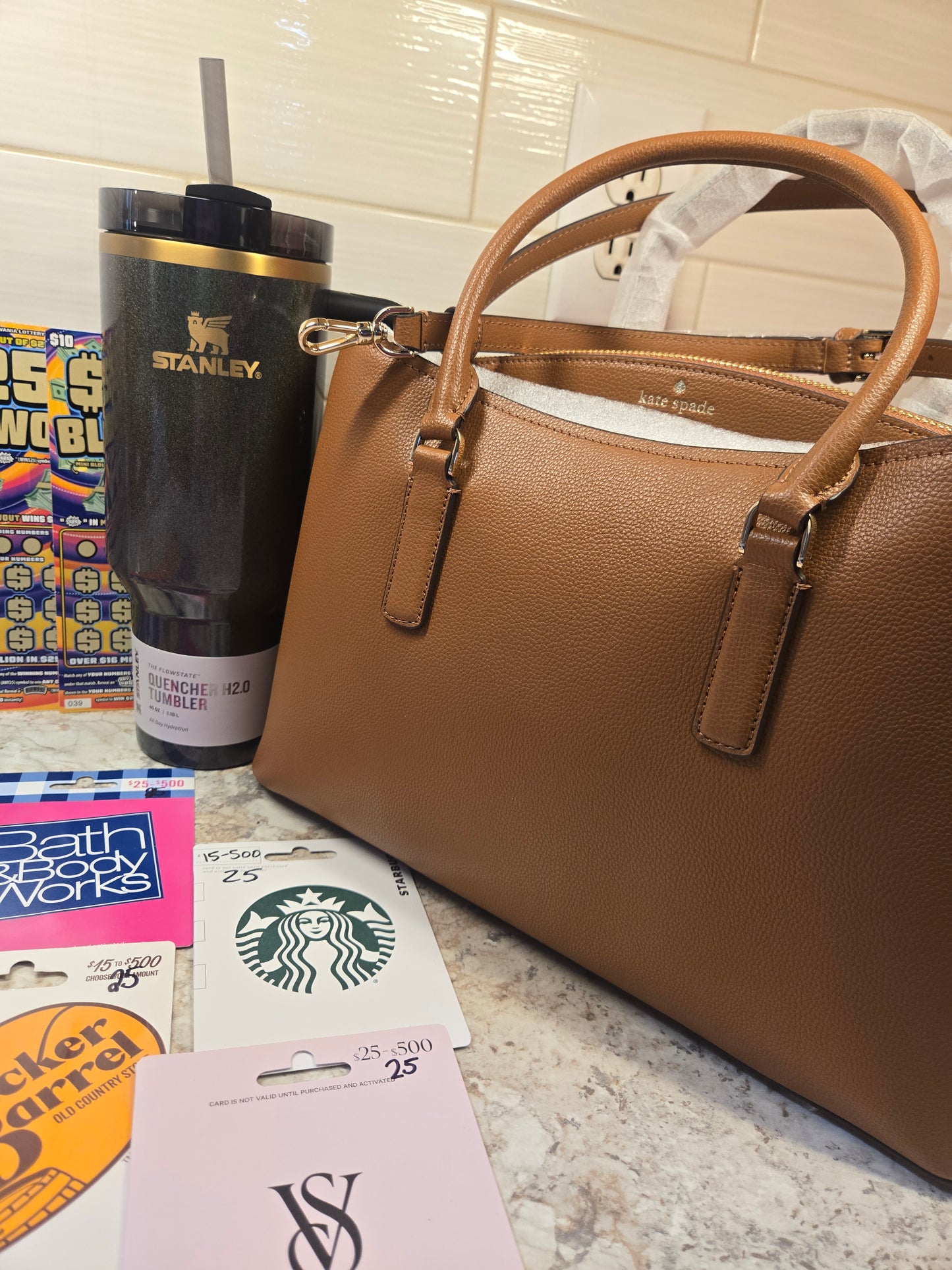$100 Lotto's, $100 Gift cards,  Fairy Dust Stanley, Brown Kate Spade serial # 88777