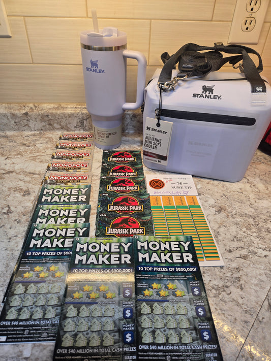 $100 Lotto's & Dew Drop Stanley cooler and cup serial # 17753