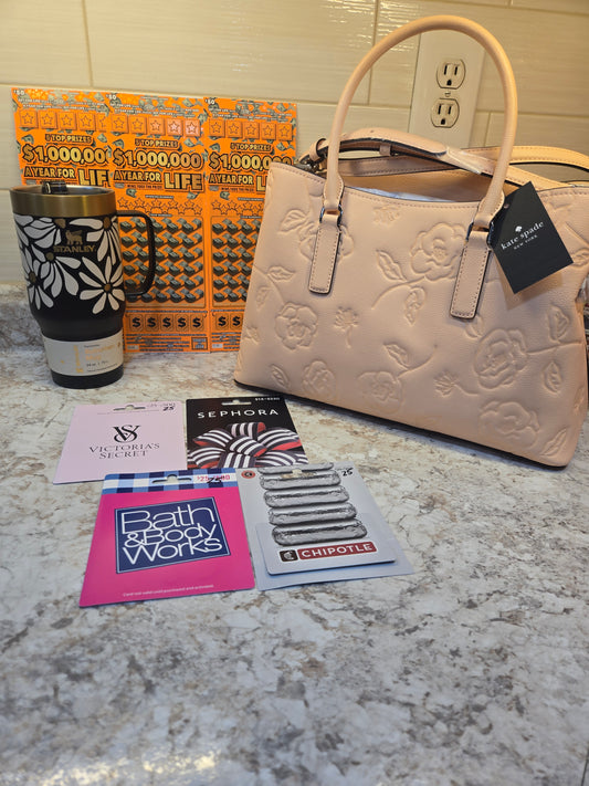 $150 Lotto's, $100 Gift cards, Wild Bloom Stanley, Peach floral Kate Spade serial # 55355
