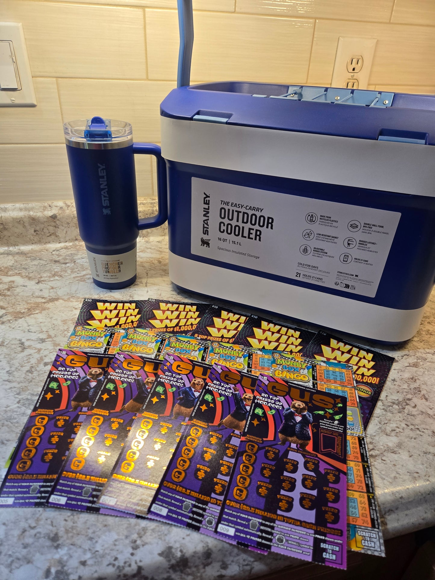 $100 Lotto's & Cobalt Stanley cooler & cup serial # 20844
