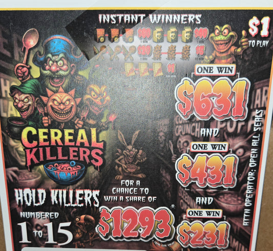 Cereal killers pull tab serial # A015355. 150 limit per player.