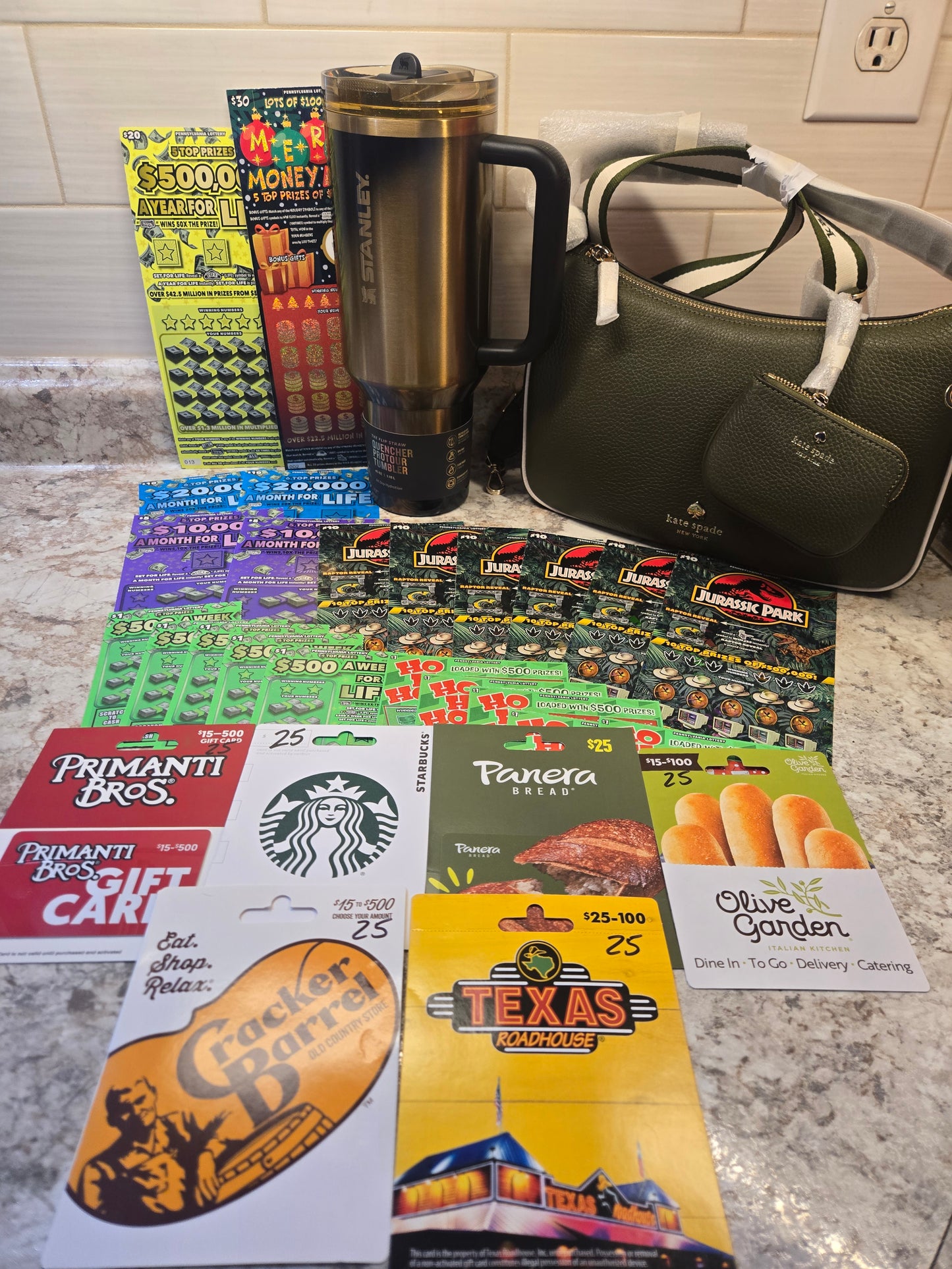 $150 Lotto's, $150 gift cards, Black Honey Stanley, green Kate Spade serial # 55348