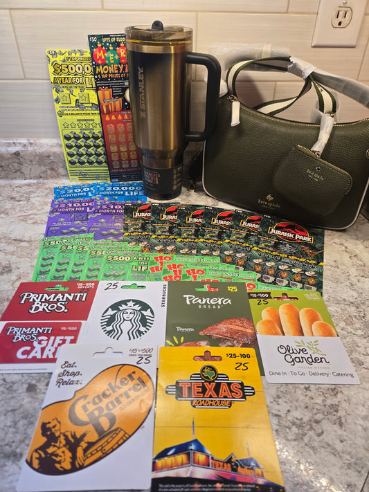$150 Lotto's, $150 gift cards, Black Honey Stanley, green Kate Spade serial # 55348
