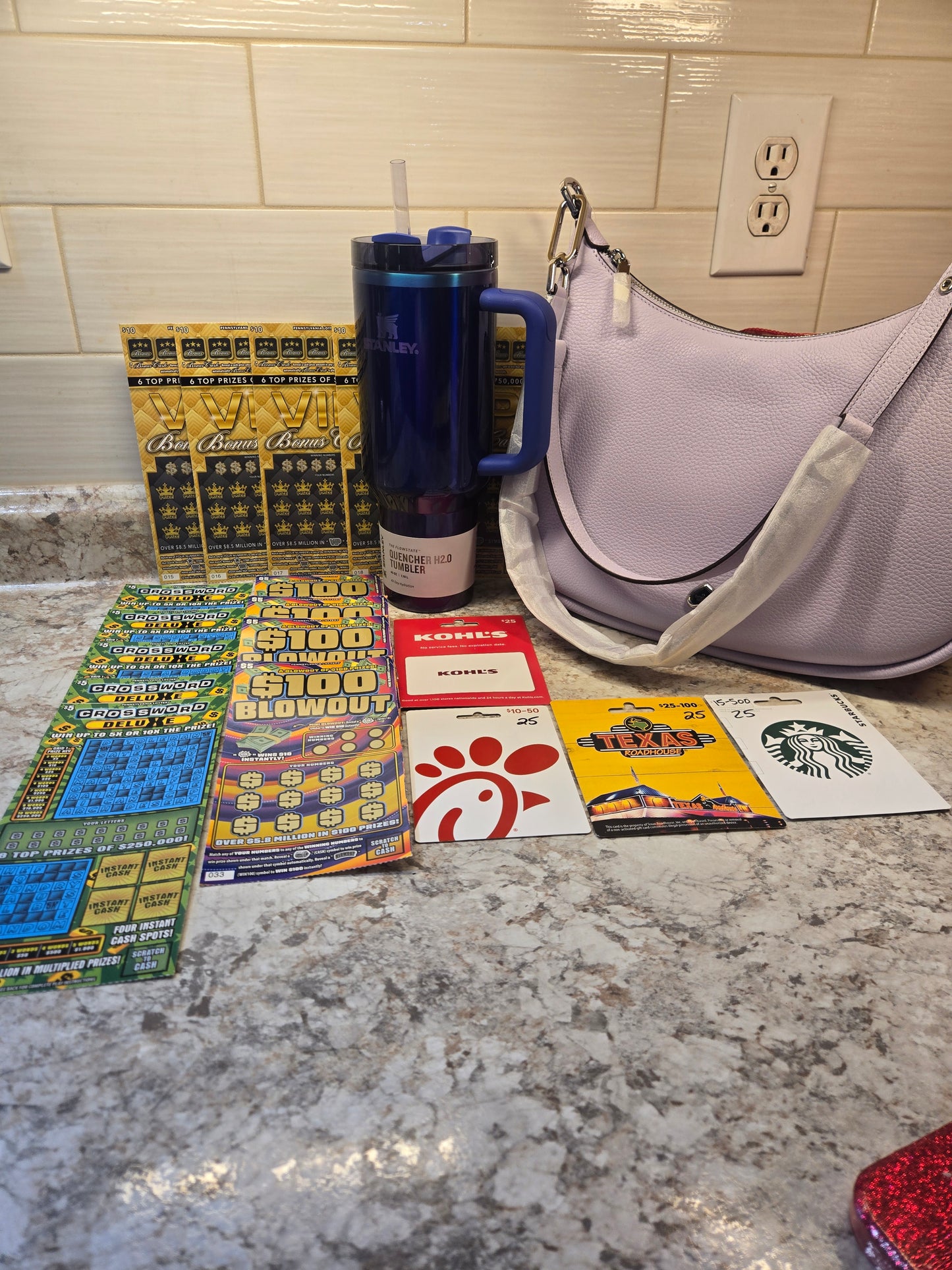 $100 Lotto's, $100 Gift cards, Star Shine Stanley, purple Kate Spade serial # 88737
