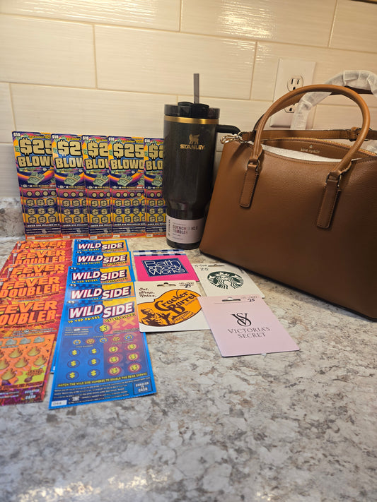 $100 Lotto's, $100 Gift cards, Fairy Dust Stanley, Brown Kate Spade serial # 88777