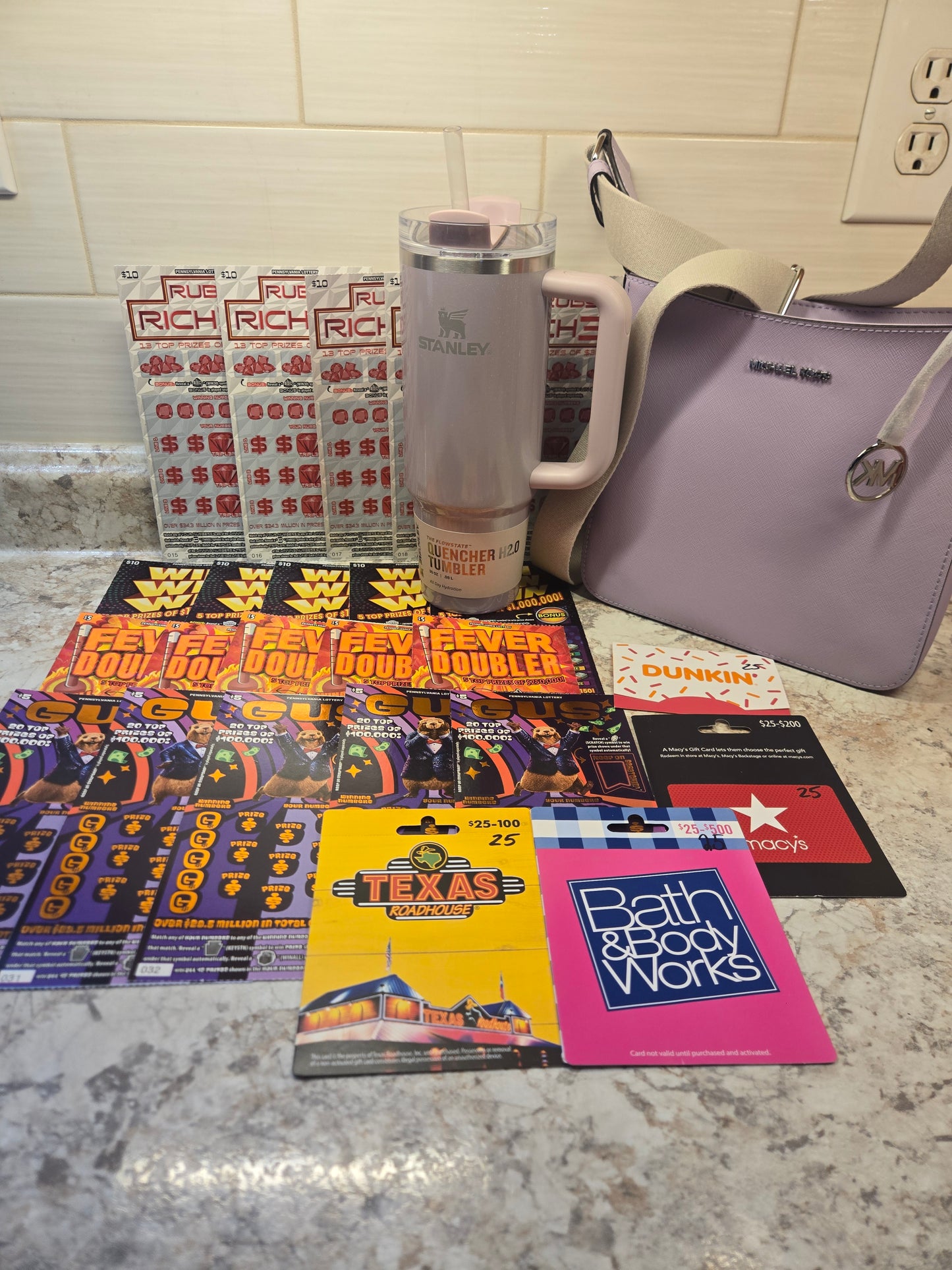 $150 Lotto's, $100 Gift cards, Purple Michael Kors purse, purple glitter Stanley serial # 58276