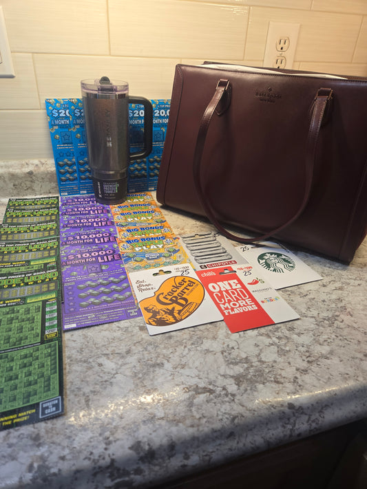 $150 Lotto's, $100 gift cards, Midnight Glitz Stanley, Dark Merlot Kate Spade tote serial # 53135