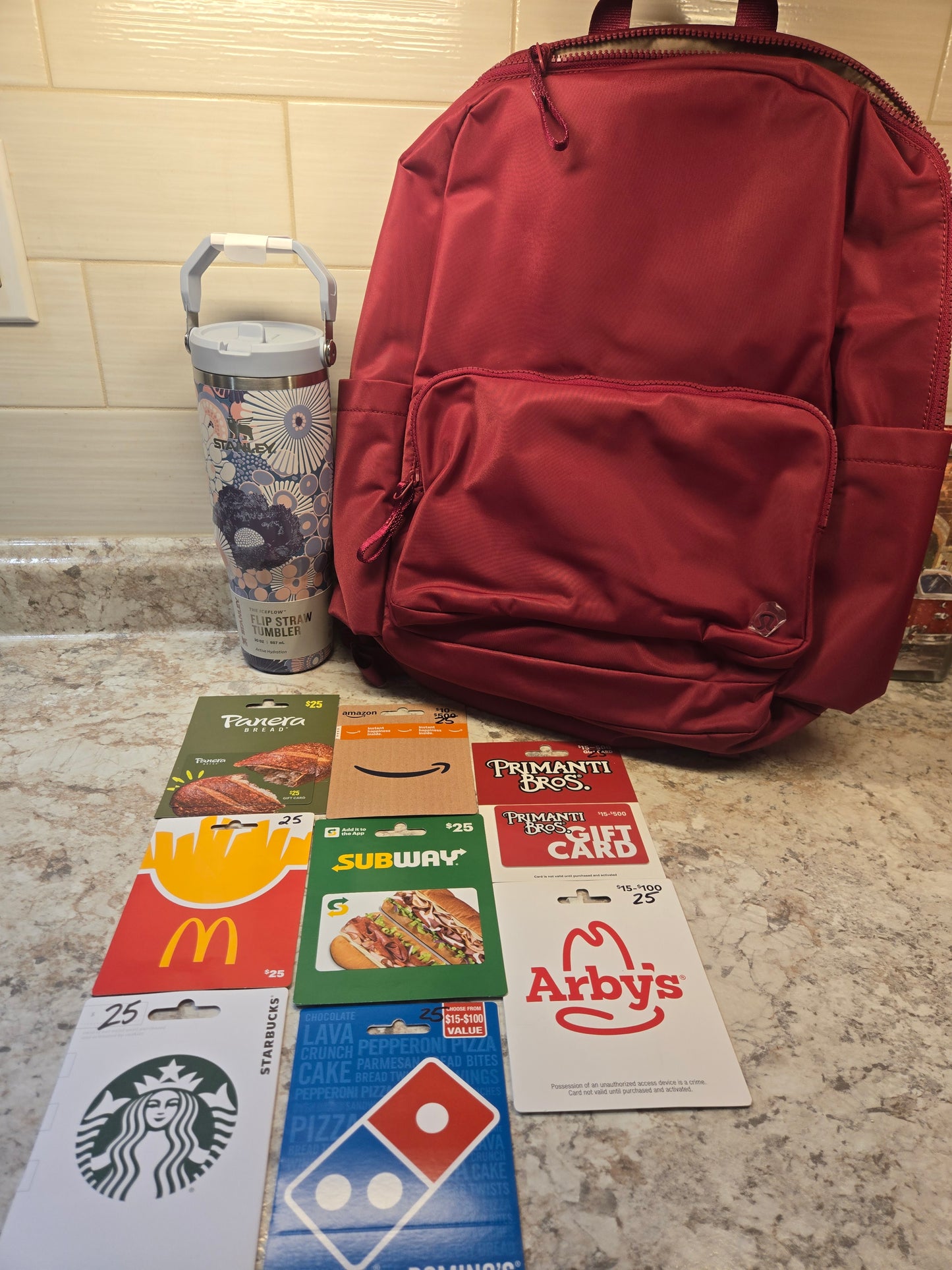 $200 Gift cards, Wildflower Stanley, Raspberry Lululemon backpack serial # 94341
