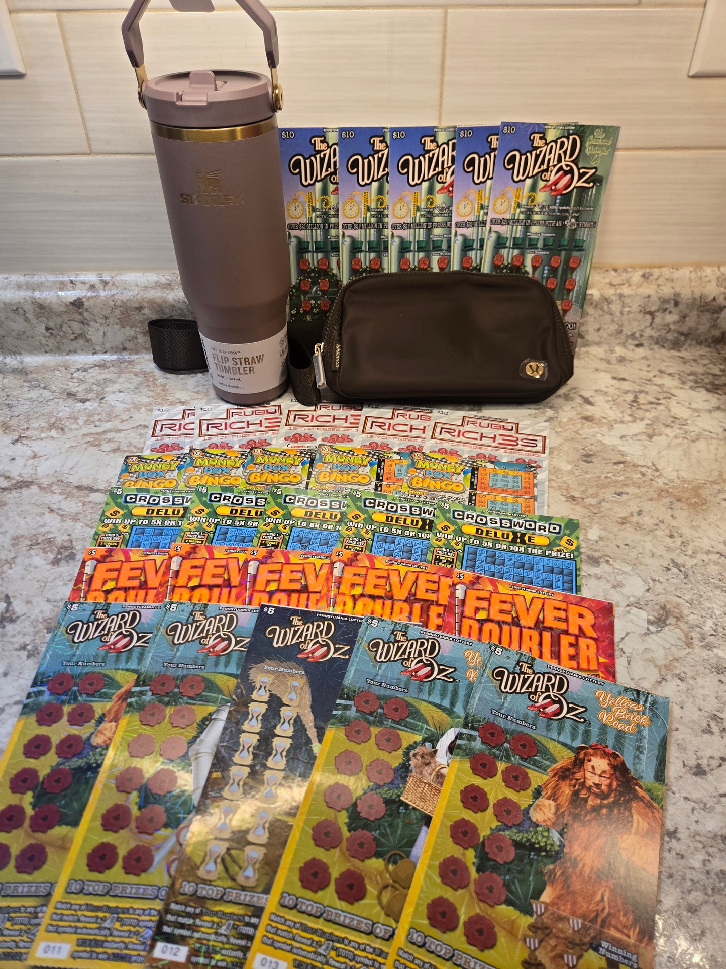 $200 Lotto's, Cashmere Stanley, Brown Lululemon bag serial # 67345