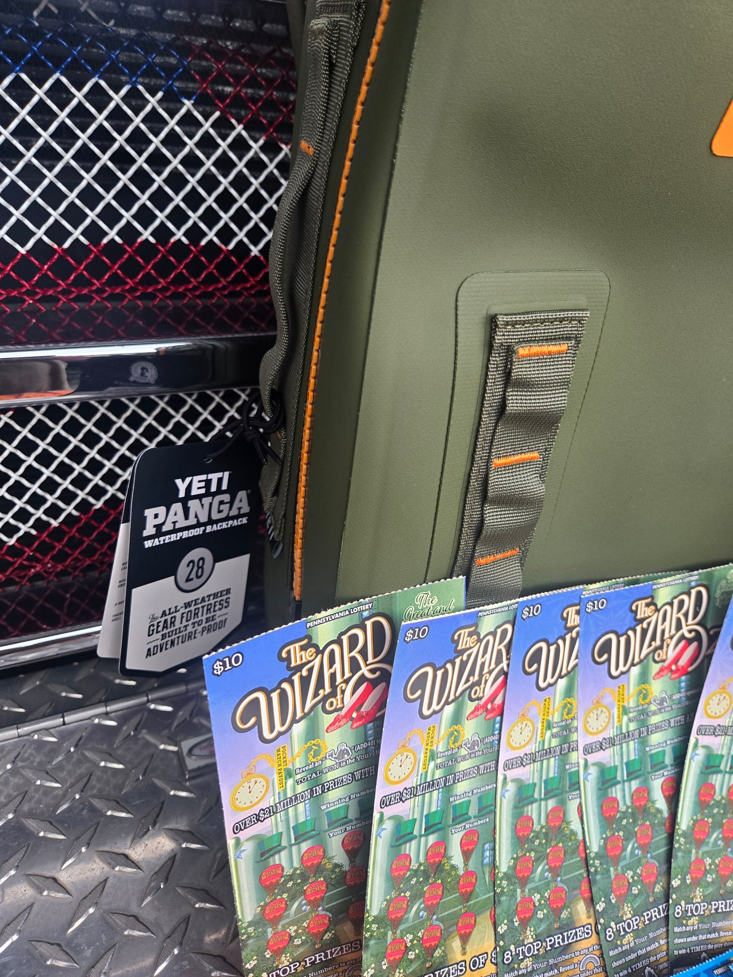 $100 Lotto's & Olive/King Crab Yeti backpack serial # 88959
