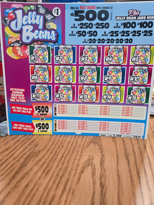 Jelly Beans pull tab 1 @ $500, 2 @ $250, 2 @ $100 serial # 500079